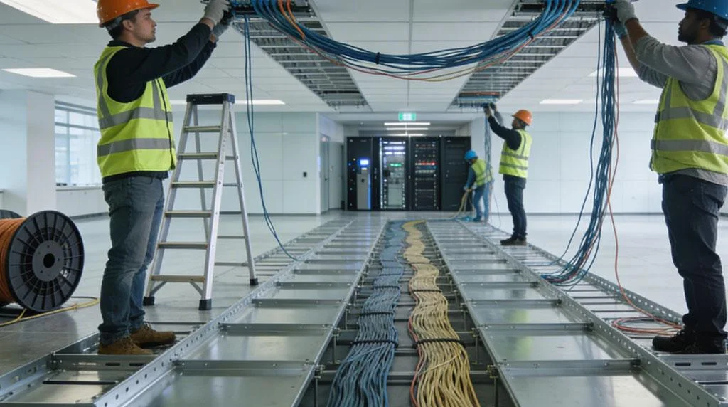Engineers installing structured data cabling infrastructure in a commercial building